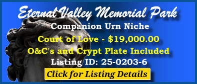 Companion Urn Niche $19K! Eternal Valley Memorial Park Newhall, CA Court of Love #cemeteryexchange 25-0203-6