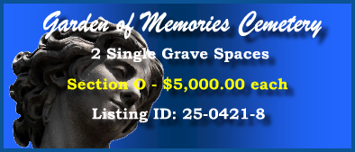 2 Single Grave Spaces $5Kea! Garden of Memories Cemetery Metairie, LA Section O #cemeteryexchange 25-0421-8