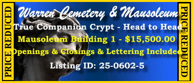 True Companion Crypt $15500! Warren Cemetery & Mausoleum Gurnee, IL Bldg 1 #cemeteryexchange 25-0602-5